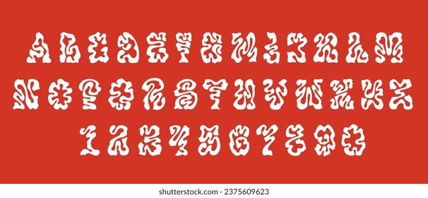 Y2K retrofuturistic liquid font. Wavy vector isolated English alphabet letters and numbers in fluid abstract style. Trendy nostalgic retro vibe from 2000s