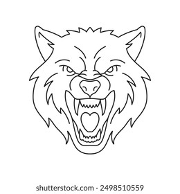 Y2k roaring angry wolf portrait monochrome groovy outline icon vector illustration. Aggressive powerful canine wild animal furry coyote head muzzle minimal tattoo sketch line emblem