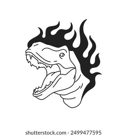 Dinosaurio rugiente Y2k con llama ardiente Icono de contorno de tatuaje negro Ilustración plana de Vector. Retrato de dino del tiranosaurio del reptil enojado prehistórico medieval peligroso con la impresión artística de la camiseta del fuego