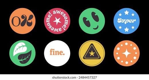 Y2K round stickers, set of graphic signs and symbols in circles, labels and badges. Different signs and short phrases collection. Vector illustration.