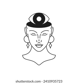 Mujer espiritual sagrada Y2k con todos los ojos cerebro psicodélico monocromo línea retro groovy icono de ilustración vectorial. Mística magia hembra alquimia cabeza abierta mente mínima pegatina de moda