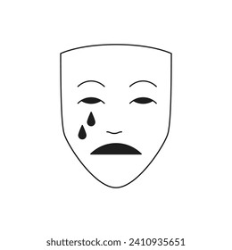 Y2k sad crying carnival mask upset fake face monochrome line retro groovy icon vector illustration. Unhappy depressed facial expression with tears comic masquerade cartoon element minimal sticker