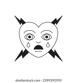 Y2k triste corazón llorando con el relámpago monocromo caricatura de línea groovy ilustración vectorial de icono. Molesto símbolo infelices de amor perdido elemento anamorado mínimo tatuaje de historietas retro mínimo