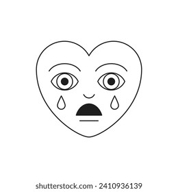 Y2k triste llanto símbolo del corazón del amor amor caricatura personaje monocromo línea retro groovy ilustración vectorial. Molesto elemento anamorido descontento con lágrimas cómic minimalista etiqueta de moda para tatuajes