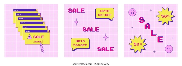 y2k sale banner, set of trendy banners, 2000s 1990s style, discount, cover for shop, social media posts, retro, vector illustration