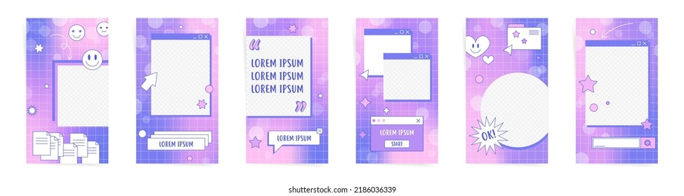 y2k sale stories banners template set. Groovy design for stories and promo posts. Design with gradient background, text frames and boxes, geometric elements. Purple 90s vaporwave galaxy colors.