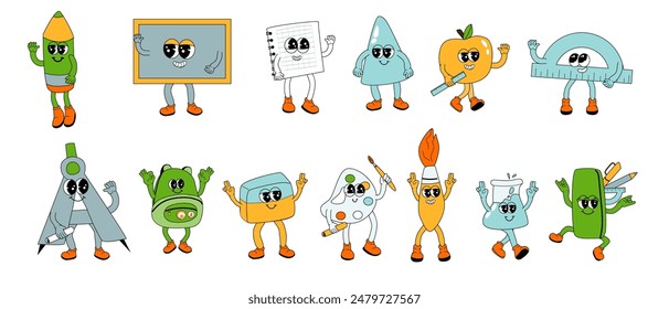 y2k school characters set. Collection of school groovy supplies with funny faces. Chalkboard, rulers and other stationery. y2k school retro mascots for education background. Back to school characters.