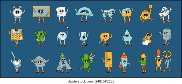 y2k school characters set. Collection of school groovy supplies with funny faces. Chalkboard, rulers and other stationery. y2k school retro mascots for education background. Back to school characters.