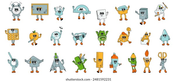 y2k school characters set. Collection of school groovy supplies with funny faces. Chalkboard, rulers and other stationery. y2k school retro mascots for education background. Back to school characters.