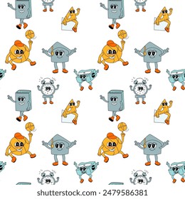 y2k school groovy seamless pattern. Childrens pattern with school supplies and y2k elements. Education repeating background with stationery, trendy retro groovy characters. Fabric childish design.