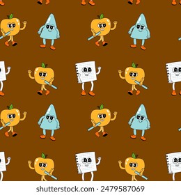 y2k school groovy seamless pattern. Childrens pattern with school supplies and y2k elements. Education repeating background with stationery, trendy retro groovy characters. Fabric childish design.