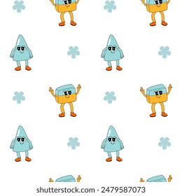 y2k school groovy seamless pattern. Childrens pattern with school supplies and y2k elements. Education repeating background with stationery, trendy retro groovy characters. Fabric childish design.