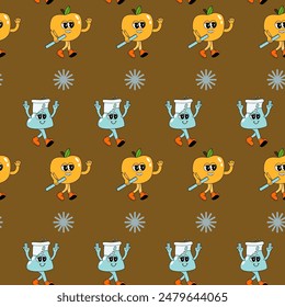 y2k school groovy seamless pattern. Childrens pattern with school supplies and y2k elements. Education repeating background with stationery, trendy retro groovy characters. Fabric childish design.