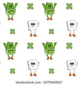 y2k school groovy seamless pattern. Childrens pattern with school supplies and y2k elements. Education repeating background with stationery, trendy retro groovy characters. Fabric childish design.