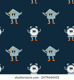 y2k school groovy seamless pattern. Childrens pattern with school supplies and y2k elements. Education repeating background with stationery, trendy retro groovy characters. Fabric childish design.