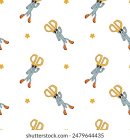 y2k school groovy seamless pattern. Childrens pattern with school supplies and y2k elements. Education repeating background with stationery, trendy retro groovy characters. Fabric childish design.