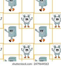 y2k school groovy seamless pattern. Childrens pattern with school supplies and y2k elements. Education repeating background with stationery, trendy retro groovy characters. Fabric childish design.