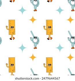 y2k school groovy seamless pattern. Childrens pattern with school supplies and y2k elements. Education repeating background with stationery, trendy retro groovy characters. Fabric childish design.