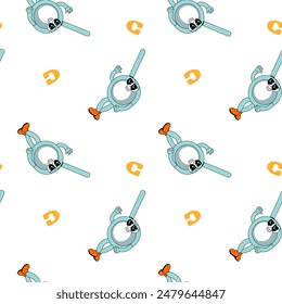 y2k school groovy seamless pattern. Childrens pattern with school supplies and y2k elements. Education repeating background with stationery, trendy retro groovy characters. Fabric childish design.