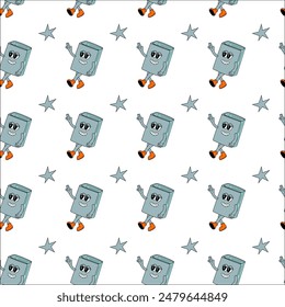 y2k school groovy seamless pattern. Childrens pattern with school supplies and y2k elements. Education repeating background with stationery, trendy retro groovy characters. Fabric childish design.