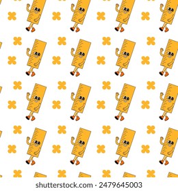 y2k school groovy seamless pattern. Childrens pattern with school supplies and y2k elements. Education repeating background with stationery, trendy retro groovy characters. Fabric childish design.