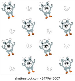 y2k school groovy seamless pattern. Childrens pattern with school supplies and y2k elements. Education repeating background with stationery, trendy retro groovy characters. Fabric childish design.