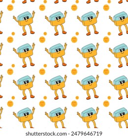 y2k school groovy seamless pattern. Childrens pattern with school supplies and y2k elements. Education repeating background with stationery, trendy retro groovy characters. Fabric childish design.