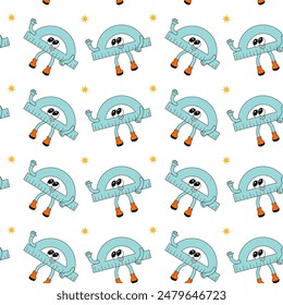y2k school groovy seamless pattern. Childrens pattern with school supplies and y2k elements. Education repeating background with stationery, trendy retro groovy characters. Fabric childish design.