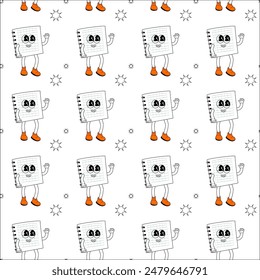 y2k school groovy seamless pattern. Childrens pattern with school supplies and y2k elements. Education repeating background with stationery, trendy retro groovy characters. Fabric childish design.