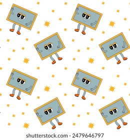y2k school groovy seamless pattern. Childrens pattern with school supplies and y2k elements. Education repeating background with stationery, trendy retro groovy characters. Fabric childish design.