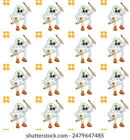 y2k school groovy seamless pattern. Childrens pattern with school supplies and y2k elements. Education repeating background with stationery, trendy retro groovy characters. Fabric childish design.