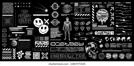 Y2K, Sci-fi, Retrofuturistic and digital art graphic box. Futuristic lettering in cyberpunk style, HUD, Y2K elements for streetwear, t-shirt, typography. Translation from Japanese - the future is now