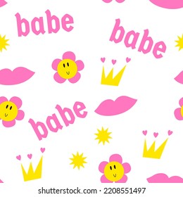 Y2k seamless pattern 2000 vibe. Babe pattern retro vibe. Crowns, lips, babe, daisy flower