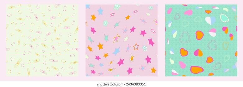 Y2k seamless pattern from the 2000s relevant today. Collection of hearts, emoticons, stars, aliens. Templates for pomters, banners, stickers, new retro flat design.