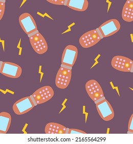 Y2k Seamless Pattern With 90s, 2000s Fashion Trend. Mobile Phone Flip On Pink Background. Backdrop For Wallpaper, Print, Textile, Fabric, Wrapping. Vector Illustration