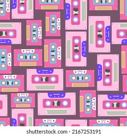 Y2k Seamless Pattern With 90s, 2000s Fashion Trend. Music Cassette On Pink Background. Backdrop For Wallpaper, Print, Textile, Fabric, Wrapping. Vector Illustration