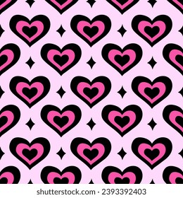 Y2k seamless pattern. Abstract hearts and stars. Emo 2000s style. Vector background. Black and pink colors.