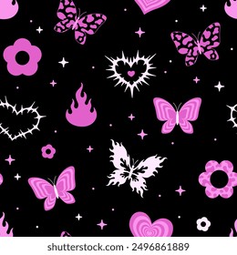 Y2k seamless pattern with butterflies, flowers and hearts on black background. Vector illustration.  Fabric, textile print.