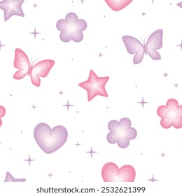 Y2k patrón sin fisuras con mariposas, flores, estrellas y corazones. Fondo retro. Ilustración vectorial. Tela, impresión textil.