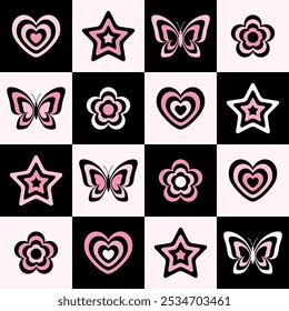 Y2k seamless pattern with butterflies, flowers, stars and hearts. Retro checkered background. Vector illustration. Abstract texture for fabric, textile, print.
