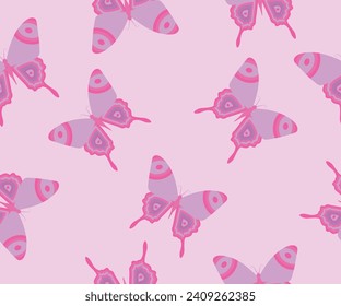 Y2k seamless pattern with butterfly. Vector background in trendy retro 2000s style.Pink Color