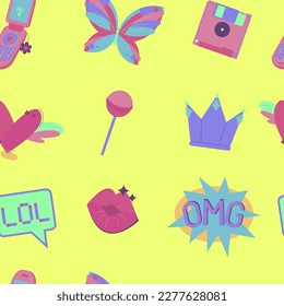 Y2K seamless pattern with colorful stickers. Late 90s early 2000s. Trendy, free, futuristic aesthetic. Nostalgia concept. Vector illustration in lime, violet, lemon colors. Decorative background
