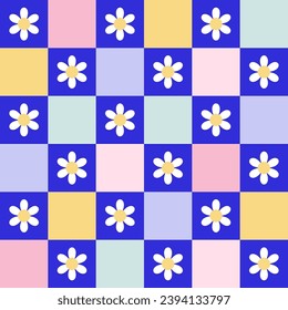 Y2k seamless pattern with daisies and chess. Vector background in trendy modern retro trippy 2000s style. Blue, lilac, pink and green color. Funny retro cute texture for surface design.