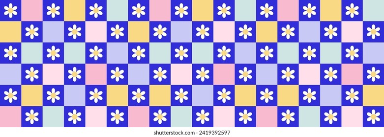 Patrón de 2000 sin fisuras con margaritas y ajedrez. Fondo vectorial en el moderno estilo retro trippy de los años 2000. Azul, lila, rosa y verde. Graciosa textura retro lindo para el diseño de superficie.