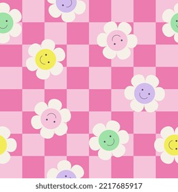 Y2k seamless pattern with daisy, chess, smile. Vector background in trendy retro trippy 2000s style. Lilac, pink, yellow and green color. Funny cute texture for surface design.