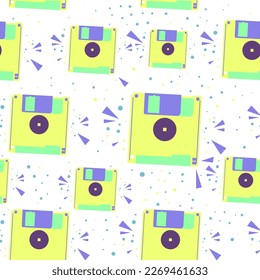 Y2K seamless pattern with floppy disks. Late 90s early 2000s. Trendy, free, futuristic, fun aesthetic. Nostalgia concept. Vector illustration in lime, violet, lemon colors. Decorative background

