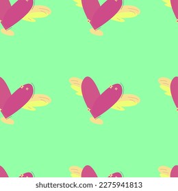 Y2K seamless pattern with flying hearts. Late 90s early 2000s. Trendy, free, futuristic, fun aesthetic. Nostalgia concept. Vector illustration in lime, magenta, yellow colors. Decorative background
