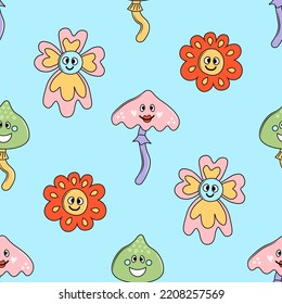 y2k seamless pattern with funny mushrooms and flowers. Groovy vaporwave floral background with cartoon character elements in retro 60s, 70s, 80s, 90s, 00s style. Trippy acid art vector illustration