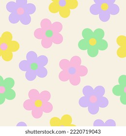 Y2k seamless pattern with groovy daisy. Vector background in trendy retro trippy 2000s style. Lilac, pink, yellow and green color. Funny cute texture for surface design.