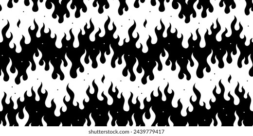 Y2k seamless pattern. Hand drawn vector background. Fire illustration. Silhouette of flame. Black and white.